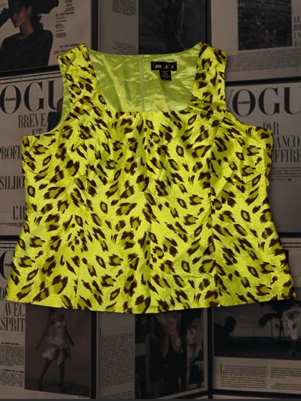 Vintage Y2K Mxi Lime green leopard print silk Tank